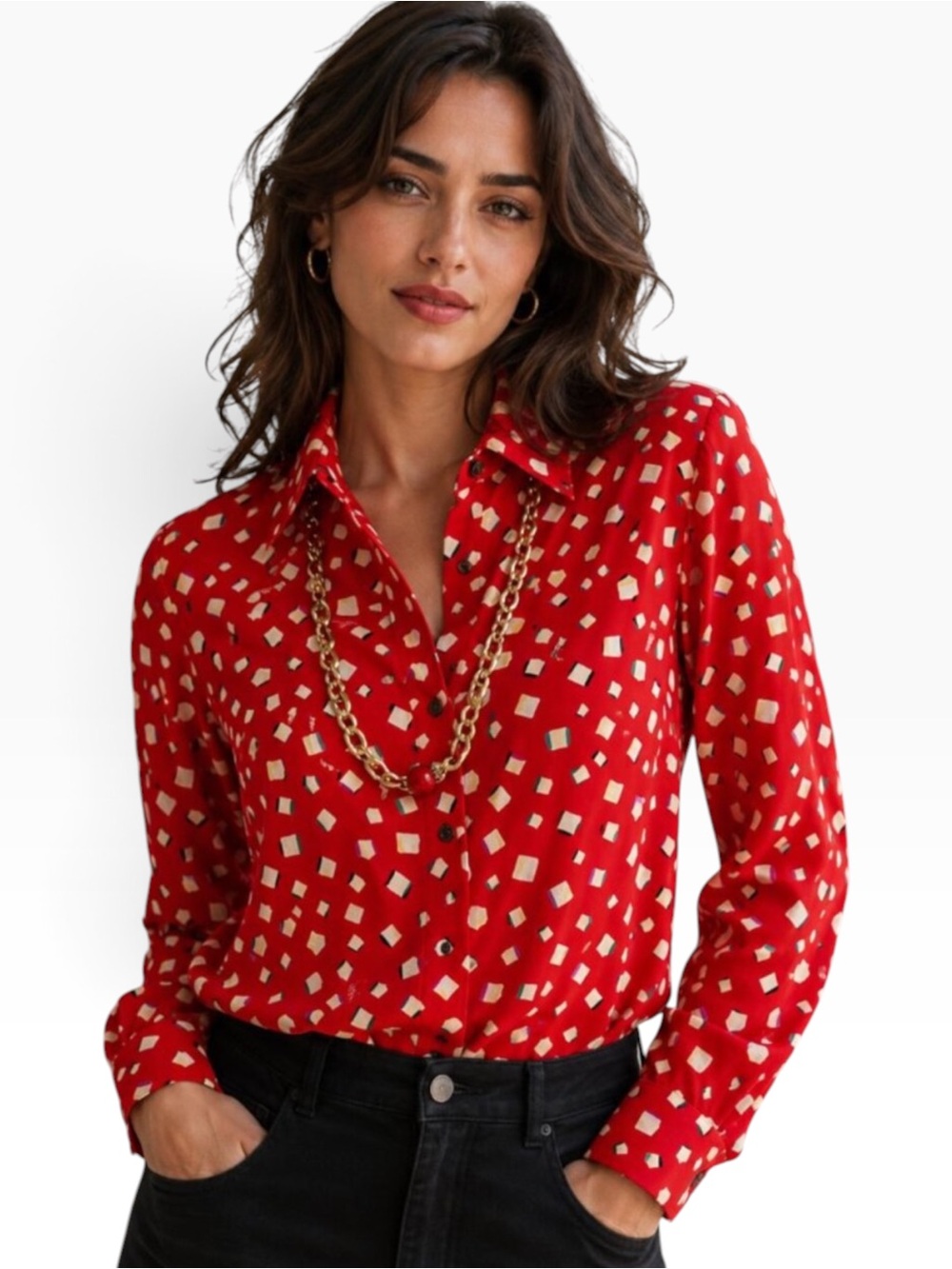 Salvatore Ferragamo Vintage 100% Silk Red Geometric Print Blouse Size 44
